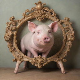 An ornate rococo-style art piece, showcasing intricacy and charm, featuring a pig as the central character.