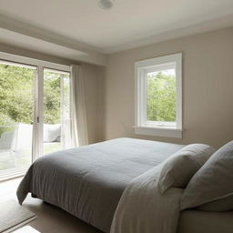 Modern, well-lit bedroom featuring a comfortable bed, stylish furniture, large windows for plenty of natural light, and a relaxing color scheme