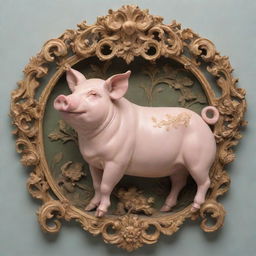 An ornate rococo-style art piece, showcasing intricacy and charm, featuring a pig as the central character.