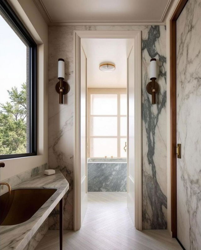 a luxurious modern bathroom with a minimalist and elegant design, featuring Earth-toned marble walls and a stylish marble sink