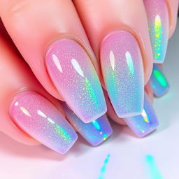 Nails with a "Rainbow Glitter" theme, featuring transparent bases and edges that reflect all the colors of the rainbow under different lighting conditions