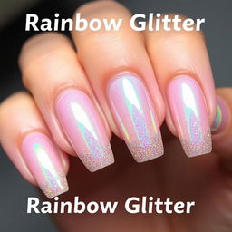 Nails with a "Rainbow Glitter" theme, featuring transparent bases and edges that reflect all the colors of the rainbow under different lighting conditions