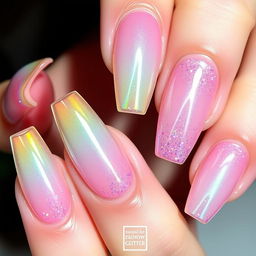 Nails with a "Rainbow Glitter" theme, featuring transparent bases and edges that reflect all the colors of the rainbow under different lighting conditions