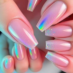 Nails with a "Rainbow Glitter" theme, featuring transparent bases and edges that reflect all the colors of the rainbow under different lighting conditions