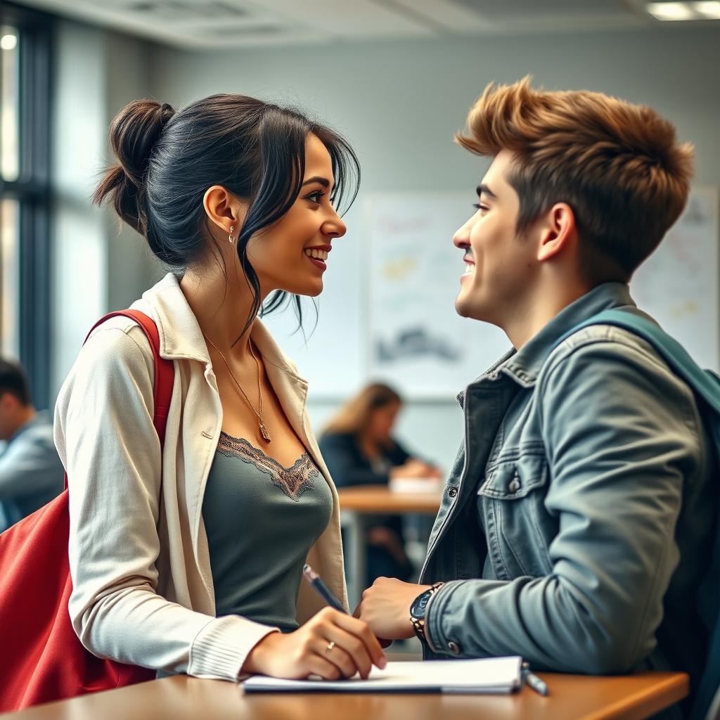 A young woman of 18, with an alluring expression, stylishly clothed, engaging in a flirtatious interaction with her classmate in a college setting