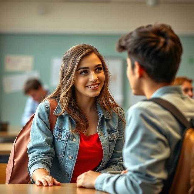 A young woman of 18, with an alluring expression, stylishly clothed, engaging in a flirtatious interaction with her classmate in a college setting