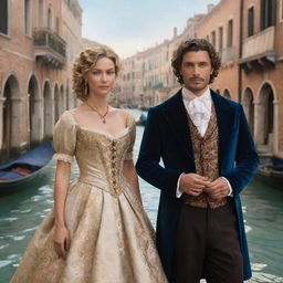 Redesign the scene to show Portia, dressed in luxurious heiress clothing with her dark blonde curls, and Antonio, a male merchant, dressed in traditional merchant attire. They're immersed in the stunning surroundings of Venice.