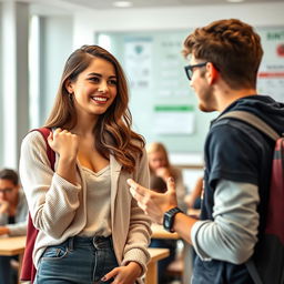 A young woman of 18, with an alluring expression, stylishly clothed, engaging in a flirtatious interaction with her classmate in a college setting