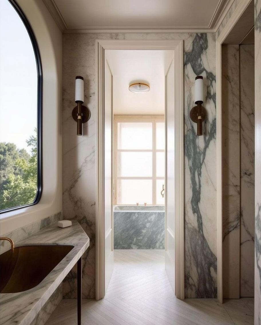 a luxurious modern interior evoking the elegance of Lake Como, featuring Earth-toned marble walls and a seamless design