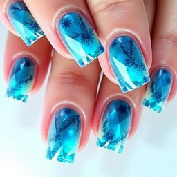 Nails with a "Crystalline Ocean" theme, featuring transparent bases and reflective edges