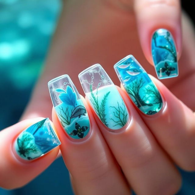 Nails with a "Crystalline Ocean" theme, featuring transparent bases and reflective edges