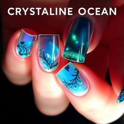 Nails with a "Crystalline Ocean" theme, featuring transparent bases and reflective edges