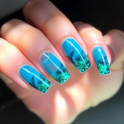 Nails with a "Crystalline Ocean" theme, featuring transparent bases and reflective edges