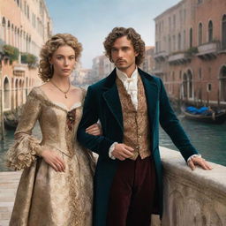 Redesign the scene to show Portia, dressed in luxurious heiress clothing with her dark blonde curls, and Antonio, a male merchant, dressed in traditional merchant attire. They're immersed in the stunning surroundings of Venice.