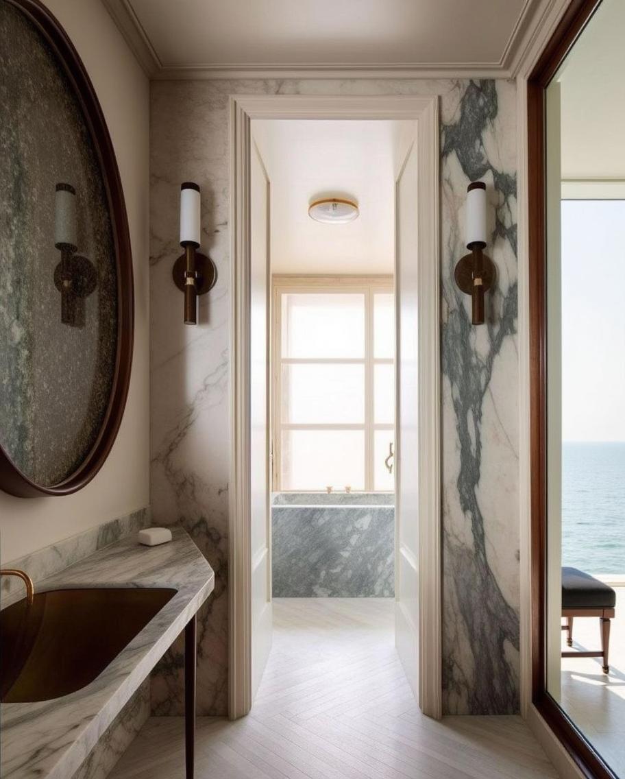 a luxurious modern interior inspired by Lake Como, featuring Earth-toned marble walls and an elegant, seamless design