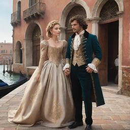 Redesign the scene to show Portia, dressed in luxurious heiress clothing with her dark blonde curls, and Antonio, a male merchant, dressed in traditional merchant attire. They're immersed in the stunning surroundings of Venice.