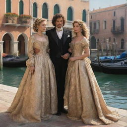 Redesign the scene to show Portia, dressed in luxurious heiress clothing with her dark blonde curls, and Antonio, a male merchant, dressed in traditional merchant attire. They're immersed in the stunning surroundings of Venice.