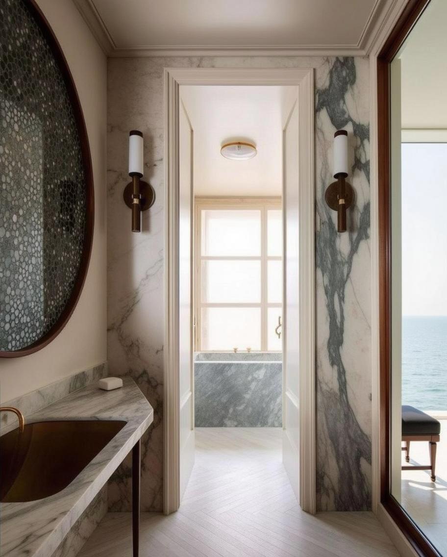 a luxurious modern interior overlooking a serene lake, with elegant marble walls in Earth tones