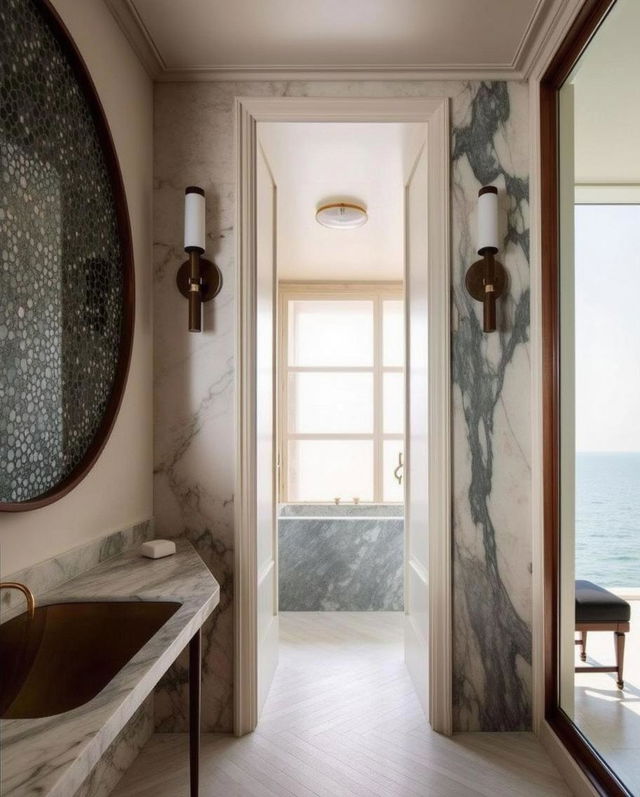 a luxurious modern interior overlooking a serene lake, with elegant marble walls in Earth tones