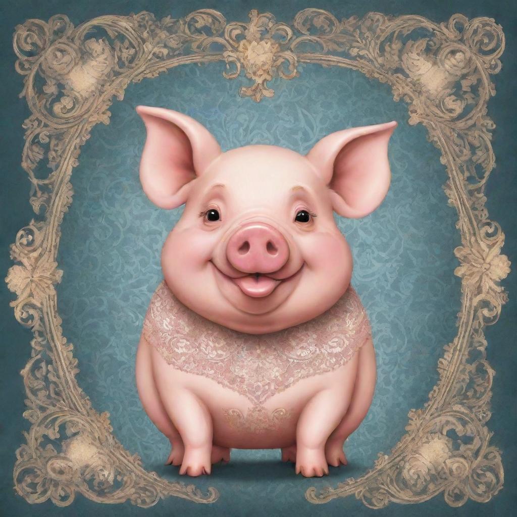 An adorable and whimsical cartoon style image of a pig, borrowing cues from the intricate patterns and curvaceous elements of Rococo art.