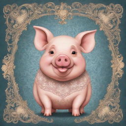 An adorable and whimsical cartoon style image of a pig, borrowing cues from the intricate patterns and curvaceous elements of Rococo art.