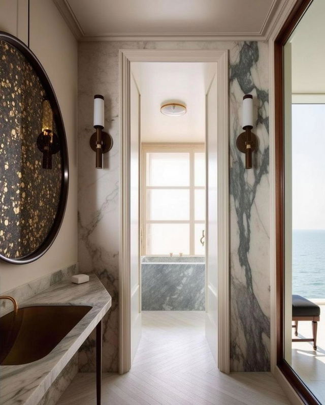 a luxurious modern bathroom with a minimalist and elegant design, featuring Earth-toned marble walls and a large round mirror