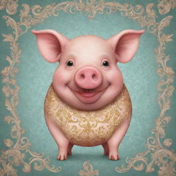 An adorable and whimsical cartoon style image of a pig, borrowing cues from the intricate patterns and curvaceous elements of Rococo art.