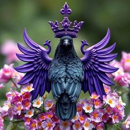 A majestic purple crest featuring a raven at its center, with intricate details highlighted in the feathers