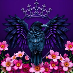 A majestic purple crest featuring a raven at its center, with intricate details highlighted in the feathers