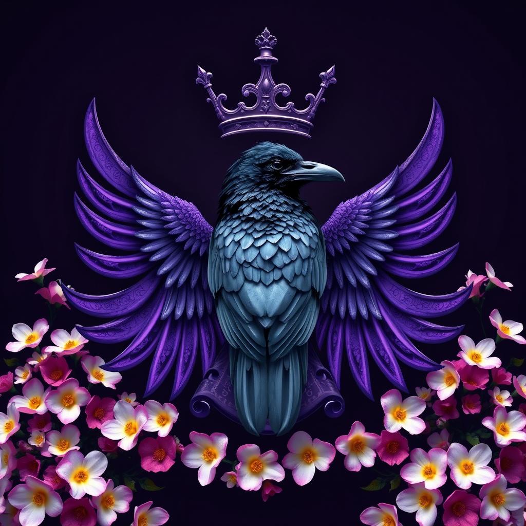 A majestic purple crest featuring a raven at its center, with intricate details highlighted in the feathers