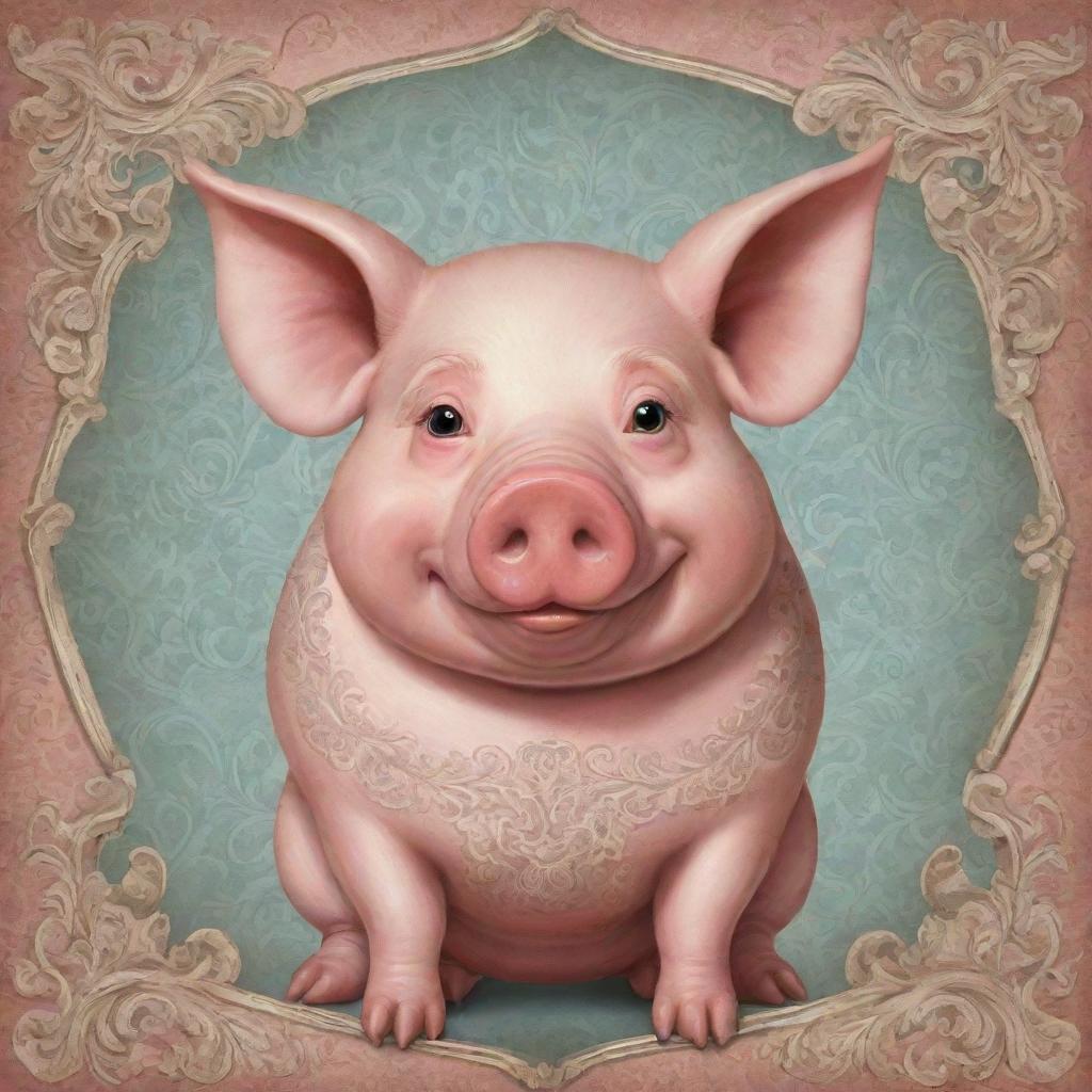 An adorable and whimsical cartoon style image of a pig, borrowing cues from the intricate patterns and curvaceous elements of Rococo art.