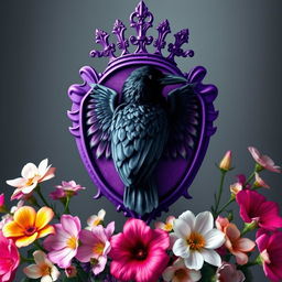 A majestic purple crest featuring a raven at its center, with intricate details highlighted in the feathers