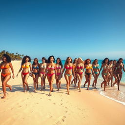 A captivating scene depicting 100 women walking in unison along a pristine beach, all wearing vibrant bikinis