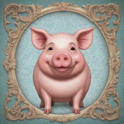 An adorable and whimsical cartoon style image of a pig, borrowing cues from the intricate patterns and curvaceous elements of Rococo art.