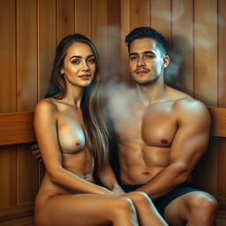 A young woman of age 18 with a confident and relaxed expression, seated in a traditional wooden sauna