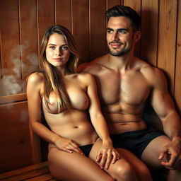 A young woman of age 18 with a confident and relaxed expression, seated in a traditional wooden sauna