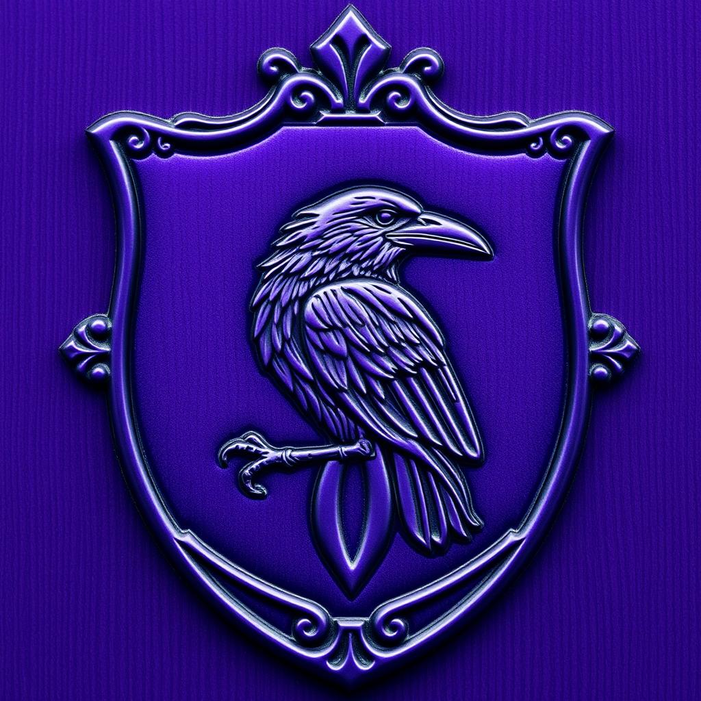 A detailed purple crest with the image of a raven intricately engraved inside