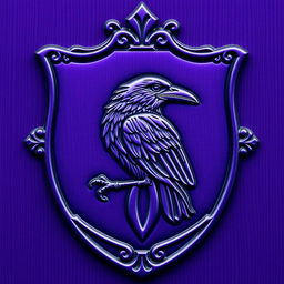 A detailed purple crest with the image of a raven intricately engraved inside