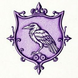 A detailed purple crest with the image of a raven intricately engraved inside