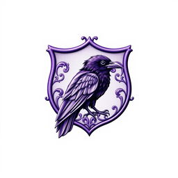 A detailed purple crest with the image of a raven intricately engraved inside