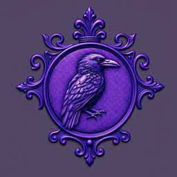 A detailed purple crest with the image of a raven intricately engraved inside