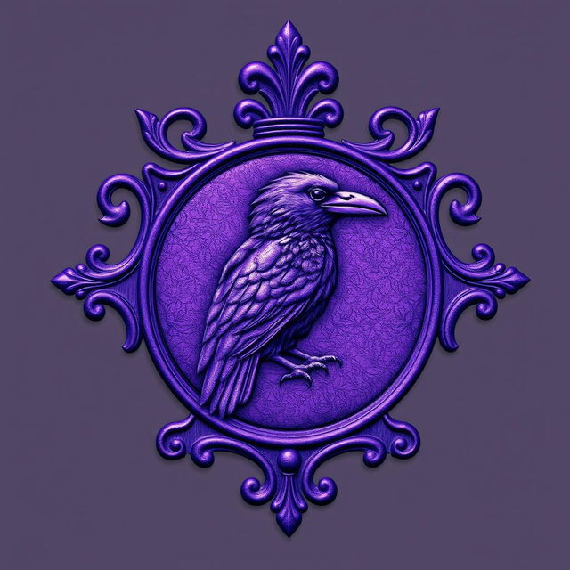 A detailed purple crest with the image of a raven intricately engraved inside