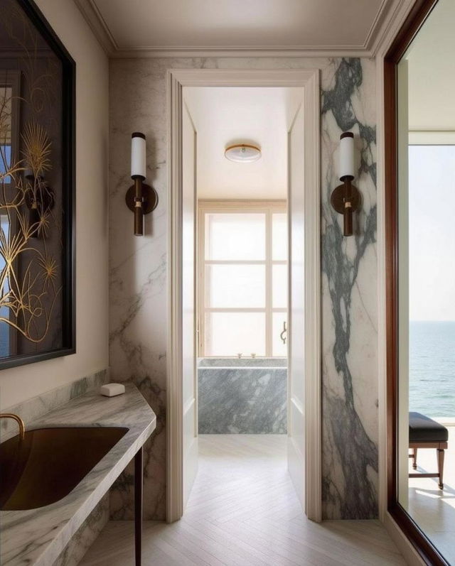 a luxurious modern interior bathroom design reflecting Lake Como's serene beauty, with Earth-toned marble walls and matching marble sink