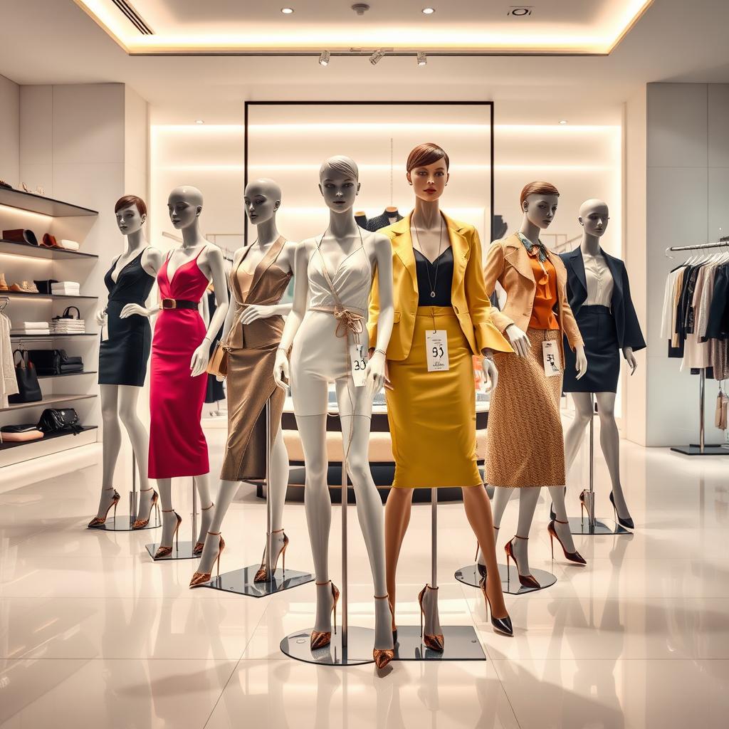 A conceptual art piece depicting a store setting where mannequins are styled as women in elegant, fashionable outfits, each with a price tag attached