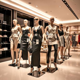 A conceptual art piece depicting a store setting where mannequins are styled as women in elegant, fashionable outfits, each with a price tag attached