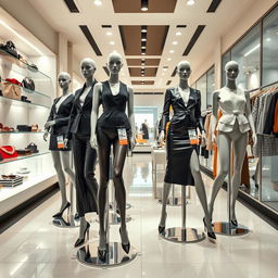 A conceptual art piece depicting a store setting where mannequins are styled as women in elegant, fashionable outfits, each with a price tag attached