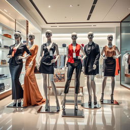 A conceptual art piece depicting a store setting where mannequins are styled as women in elegant, fashionable outfits, each with a price tag attached