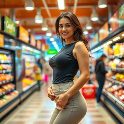 30-year-old woman with a confident and attractive appearance, wearing a form-fitting stylish outfit that accentuates her curves, standing in a vibrant and bustling supermarket