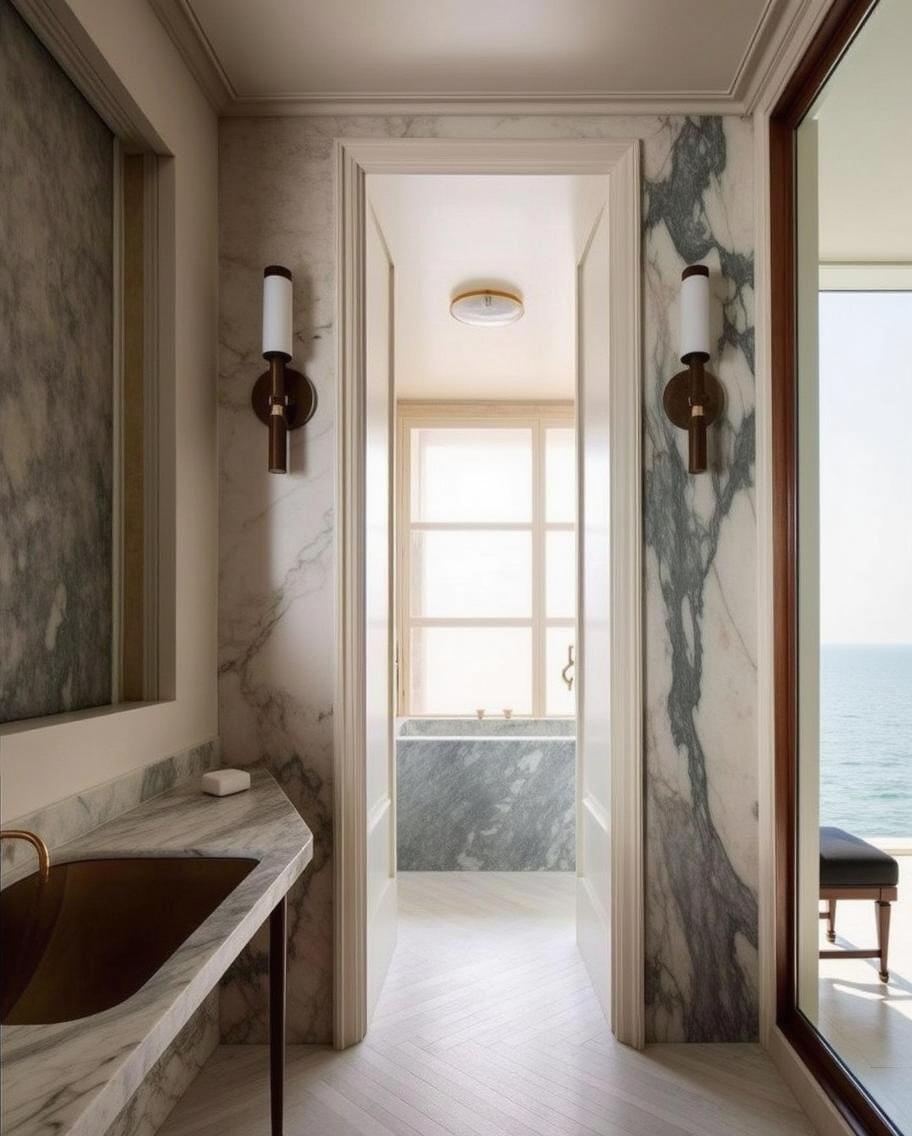 a luxurious modern bathroom featuring Earth-toned marble walls and a sleek marble sink