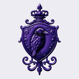 A detailed purple crest with the image of a raven intricately engraved inside